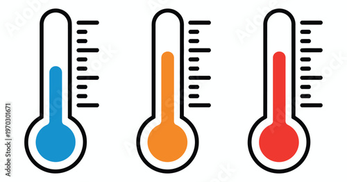 Thermometer hot cold temperature vector icon set, showing heat and cold indicators