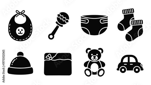 A collection of simplistic black icons depicts common baby items including clothing toys and care essentials high quality professional detailed modern