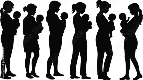 Silhouette of six diverse mothers standing in a row holding their newborn babies against a white background for motherhood and parenting healthcare concept illustration.