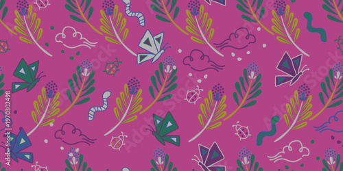 Playful seamless pattern featuring folk style flowers, butterflies, and ladybugs. High resolution vector for sustainable textiles, decor, and paper.