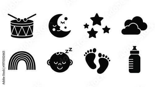 A collection of black and white icons depicting baby related objects and nighttime elements like stars a moon and clouds