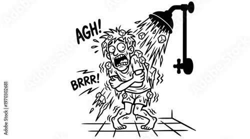 Minimalist Showerhead with Freezing Water Cartoon Line Art, Monochrome Vector Illustration of Morning Struggle Humor