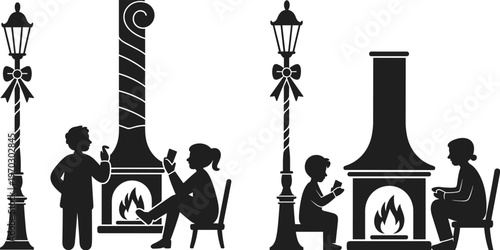 Silhouette set of children and adults sitting by a cozy fireplace and decorated street lamp for Christmas holiday winter warmth and family storytelling concept.