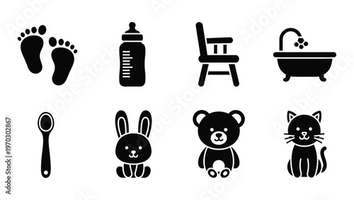 A collection of simple black icons depicting baby items footprints bottle chair bathtub and various toys high quality professional detailed modern