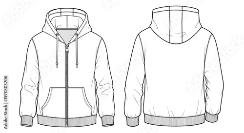 Zip-Up Hoodie Fashion Flat Sketch Front and Back View For Apparel Design Templates