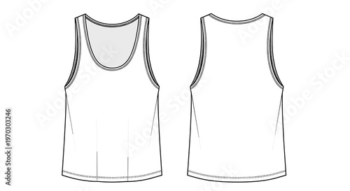 White Tank Top Flat Fashion Sketch Front and Back View Isolated on White for Apparel Design Templates