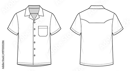 Short Sleeve Camp Collar Shirt Flat Sketch Front and Back for Apparel Design