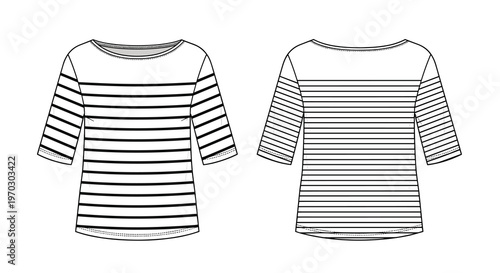 Striped Long Sleeve T-Shirt Front and Back View For Fashion Design Templates