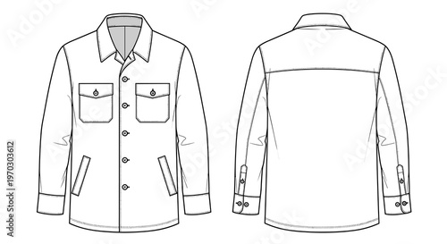 Mens Utility Shirt Front and Back View Technical Drawing for Fashion Design Concepts