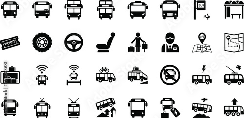 Public transportation and transit icons set for commuting and travel