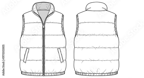 Padded Vest Fashion Sketch Front Back View Isolated on White for Apparel Design