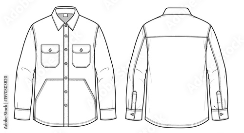 Mens Work Shirt Front and Back View Line Art Isolated on White for Apparel Design Templates