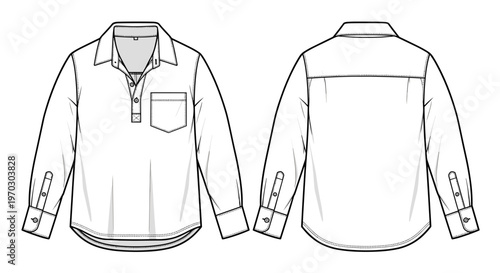 White Long Sleeve Polo Shirt Technical Drawing For Fashion Design Mockup