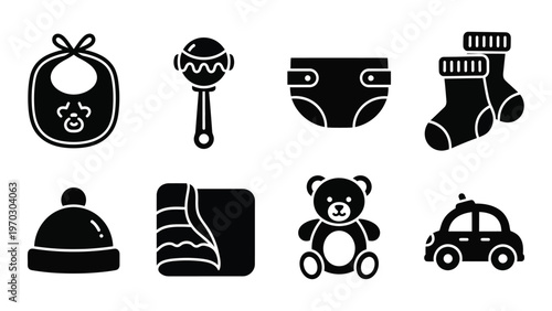 A collection of simple black silhouette icons representing essential baby items like clothing toys and accessories high quality professional detailed modern