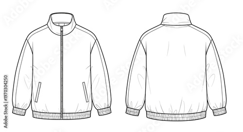 Bomber Jacket Fashion Flat Design Front and Back View Isolated on White For Apparel Design Industry