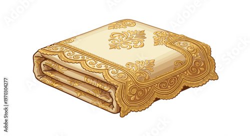 A single, elaborately folded beige and gold patterned fabric lies horizontally on a plain white surface.