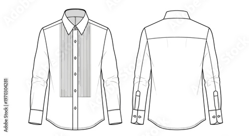 Tuxedo Shirt Front and Back Vector Flat Fashion Design for Formal Menswear Collection