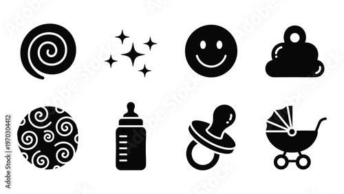 A collection of black silhouette icons depicting baby related items stars and abstract swirling shapes high quality professional detailed modern elegant