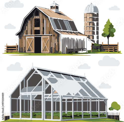 Farm building icons, barn, greenhouse, layered vector, color editable, black base design, EPS format 2