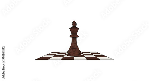 A single brown chess king stands centrally on a brown and white checkered chessboard against a white background.