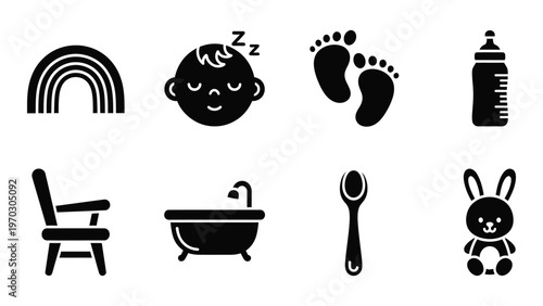 A collection of black silhouette icons representing baby items including a rainbow footprints and bottle high quality professional detailed modern elegant
