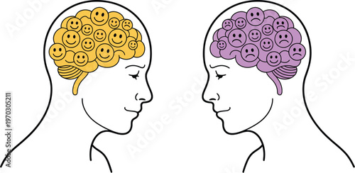 Outlined human heads facing each other, depicting internal emotions with yellow happy and purple mixed sad-happy icons inside brains, abstract vector design for mental health, therapy, and emotional w