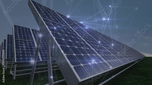 Moving camera forward, revealing ground panels at solar farm, pulsing network overlay and sun flare