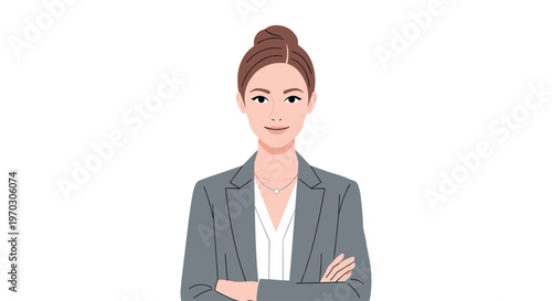 A confident businesswoman with a bun hairstyle stands with crossed arms, wearing a grey blazer and white blouse against a white background.