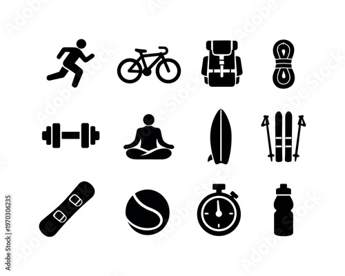 Fitness and outdoor sports: running figure, cycling bike, hiking backpack, climbing rope, dumbbell, yoga pose, surfboard, ski, snowboard, tennis ball