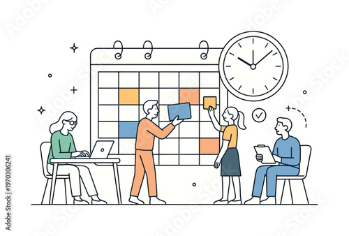 A time blocking and daily scheduling scene showing a small team organizing tasks around a large segmented calendar and a clock, using a clear visual