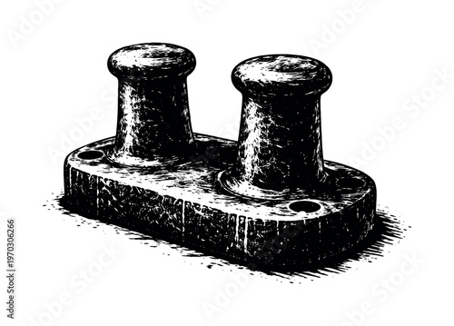 A massive iron mooring bollard shown in a three-quarter perspective, enlarged to dominate the frame as a heavy nautical structure on a clean white