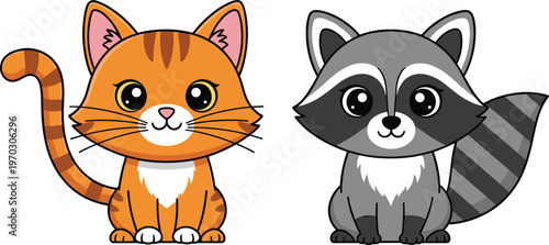 Cute Cartoon Cat and Raccoon Pair, Animal Illustrations with Big Eyes and Playful Expressions for Kids, Pets, and Wildlife Designs