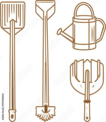 Farming tools outline icons, shovel, rake, hoe, watering can, thin line style, editable stroke, black and white vector, no fill, clean design 3