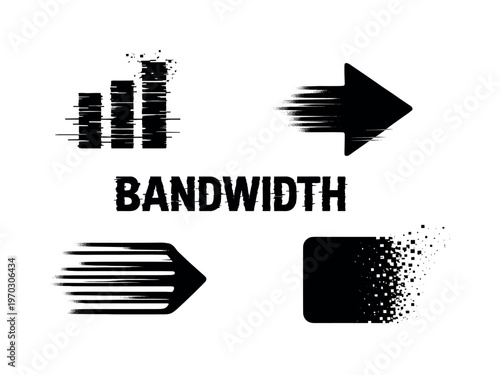Digital bandwidth and throughput visualization theme, a set of 4 glitch-distorted monochrome objects placed on a perfectly clean white background
