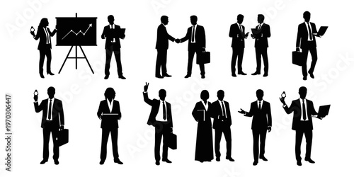 Set of diverse business people silhouettes in various poses and actions. corporate executives and professionals