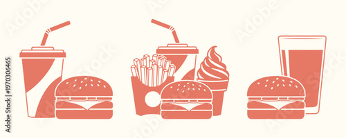 Fast food combo sets with burger fries soda and ice cream for restaurant branding and menu