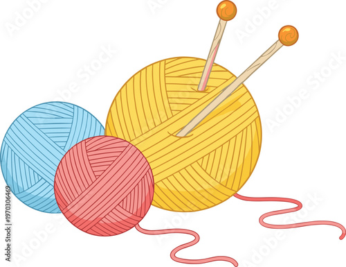 Colorful Yarn Balls with Knitting Needles, Handcrafting Supplies Illustration for DIY, Knitting, and Textile Design