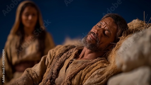 A serene biblical night scene of Boaz sleeping beside a pile of grain on a hilltop threshing floor, as Ruth quietly approaches under a star-filled sky lit by moonlight and soft fire glow.
