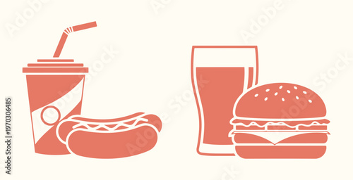 Fast food meal pairing with hot dog burger and soda for cafe menu and delivery service design
