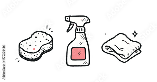 Simple cleaning essentials theme  a horizontal row of 3 related hand-drawn objects on a white background: a basic sponge with a tiny pink dot detail