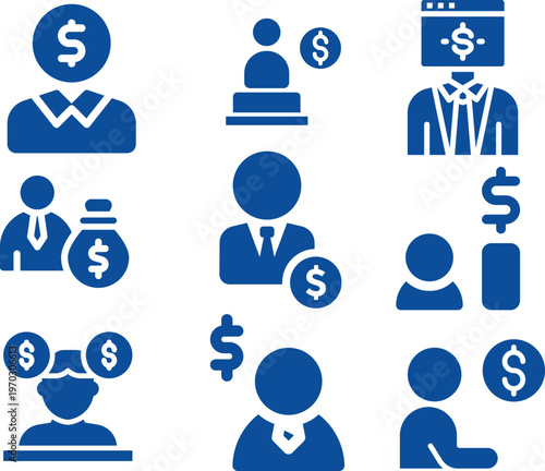 Financial services and economic growth blue icon set for banking applications