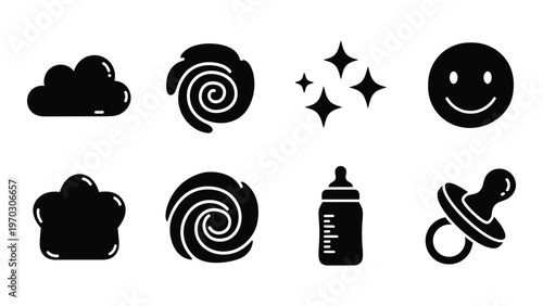 A collection of simple black glyphs depicting weather swirls a happy face and baby related items high quality professional detailed modern