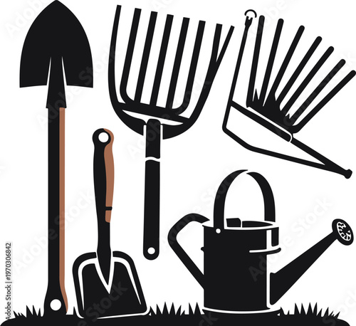 Farming tools solid icons, shovel, rake, hoe, watering can, filled black shapes, simple flat design 3