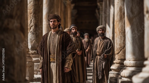 A majestic biblical scene of Daniel in new royal garments standing among Persian officials in a grand hall with tall columns and patterned stone floors, illuminated by bright daylight.
