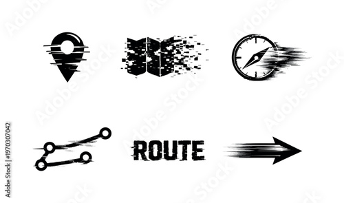 Digital mapping and navigation theme, a set of five glitch-distorted monochrome objects floating on a perfectly clean white background