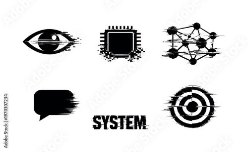 Artificial intelligence interface theme, a set of five glitch-distorted monochrome objects floating on a perfectly clean white background