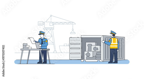 A minimal flat vector artwork depicting customs officers reviewing documents and examining cargo at a port inspection area, using simple geometric shapes, clean line art, and a white background.