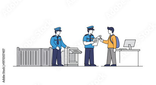 A flat vector image showing customs officers inspecting cargo and paperwork at a port checkpoint, designed with clean lines, simple geometric forms, and a white background.