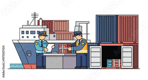 A clean flat vector image showing customs officers inspecting shipments and verifying paperwork at a port, featuring simple geometric shapes, clean line art, and a white background.
