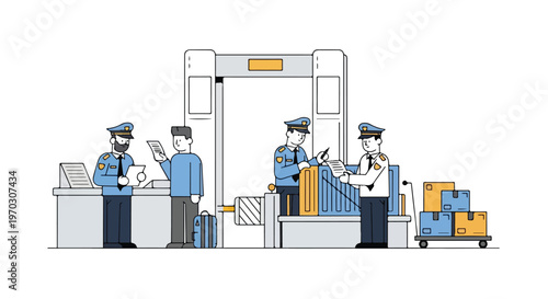 A flat vector illustration of customs officers performing cargo and document checks at a port station, with simple geometric elements, clean line work, and a white background.